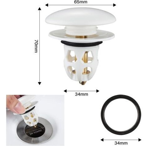 Bonde de lavabo universelle à clapet en deux parties, compatible avec les trous de vidange de 34 à 40 mm, blanche, avec filtre anti-obstruction - Crezuo