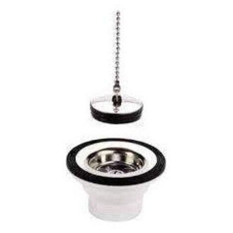 Bonde de PVC para fregadero de acero inoxidable con rejilla de acero inoxidable, tapón y cadena Ø70 - perforación de 50 mm