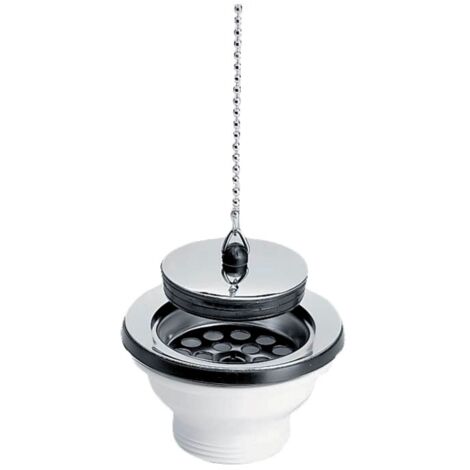 Bonde de PVC para fregadero de gres/síntesis con rejilla de acero inoxidable, tapón y cadena Ø84 - perforación de 60 mm