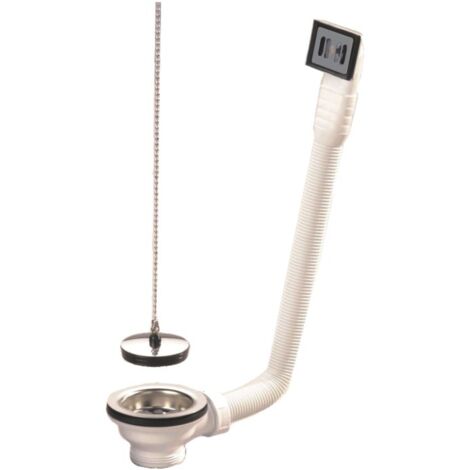 Bonde de PVC para fregadero de gres/síntesis, rejilla de acero inoxidable, tapón y cadena con rebosadero Ø84 - perforación de 60 mm