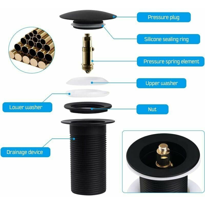 Bonde de Vidage Pop Up, Bonde Pop Up Sans Trop Plein, Universel Bonde de Lavabo Pop Up, Bonde Lavabo, Bonde de Vidange Lavabo, Bonde Découlement Noir