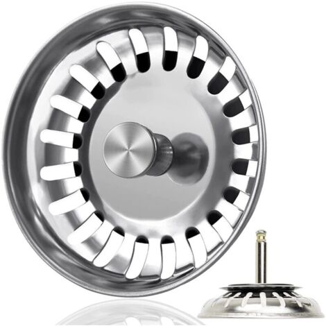 Bonde d'évier de 82 mm en acier inoxydable avec bouchon, panier de 56 à 75 mm de profondeur dans l'évacuation, tamis pour évier pour bonde d'évier pour commande excentrique