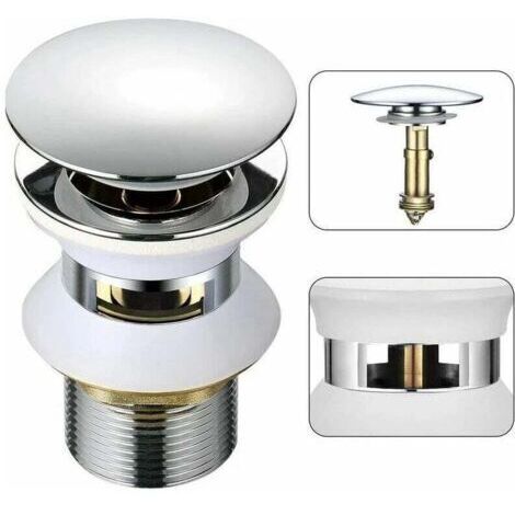 Bonde d'évier universelle avec trou de trop-plein, ouverture automatique, ouverture par bouton-poussoir avec clic sonore, adaptée aux salles de bains, en laiton chromé de 1-1/4 pouce.