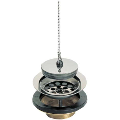 Bonde Laiton évier grès/synthèse avec grille inox, bouchon et chaînette