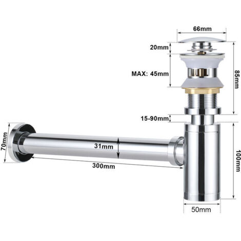 Bonde + Siphon de Lavabo Push et Pop Up avec Trop-Plein Set de Siphon Mural en Laiton Chromé Ensemble de Vidange Universel Accessoire de Salle de Bain - Chrome