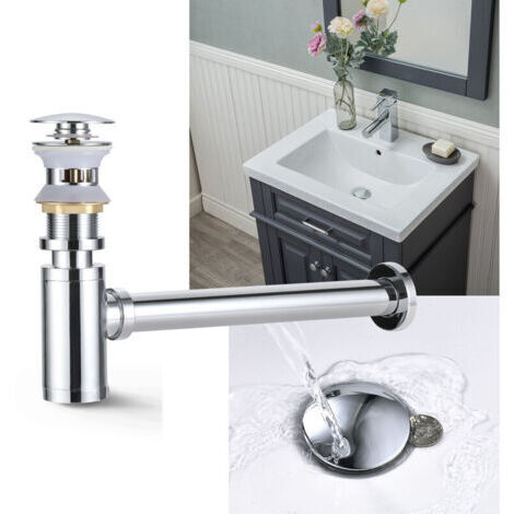 Bonde + Siphon de Lavabo Push et Pop Up avec Trop-Plein Set de Siphon Mural en Laiton Chromé Ensemble de Vidange Universel Accessoire de Salle de Bain - Chrome