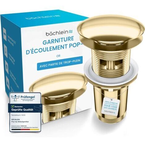 Bonde Universelle avec Trop-Plein pour Lavabo et Évier – Valve Pop-up Dorée – 3 Joints pour Lavabos de Tous Genres Inclus, Valve d’Écoulement Bonde - Montage avec Mode d’Emploi