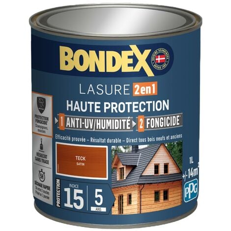 Bondex Lasure 2 en 1 Haute Protection – Anti UV/ Anti Humidité – Fongicide Finition: Satiné - Couleur: Teck - Conditionnement: 1L