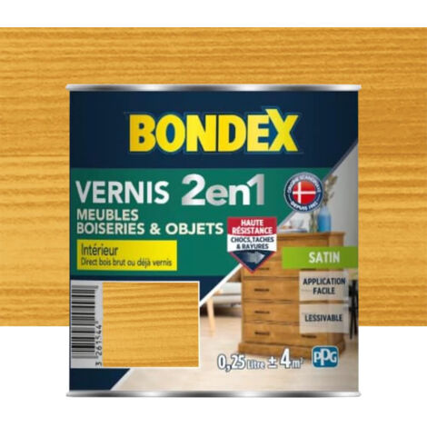 Bondex – Vernis intérieur 2 en 1 chêne clair satin 0,25 L – Finition satinée pour bois brut et déjà vernis – Application facile et lessivable