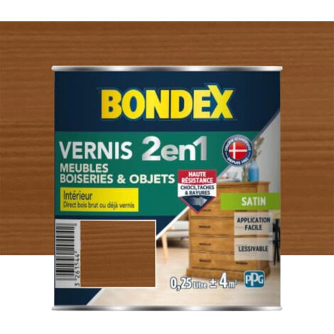 Bondex – Vernis intérieur 2 en 1 satin chêne moyen 0,25 L – Protection bois brut et vernis – Résistance chocs et rayures – Application facile