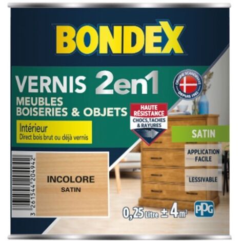 Bondex – Vernis intérieur incolore satin 0,25 L – Haute résistance chocs et taches – Application sur bois brut ou vernis – Finition satinée