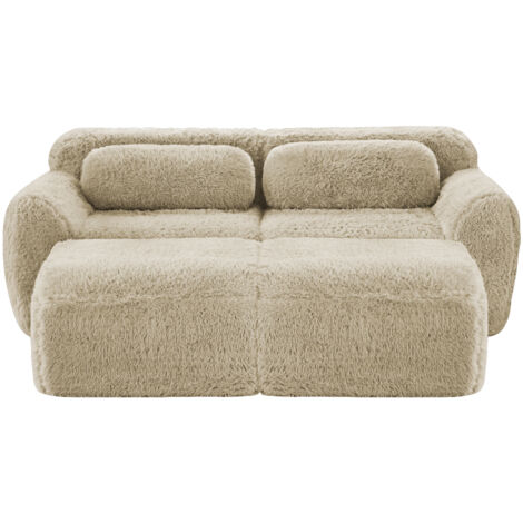Boneless Cloud Sofas, Weicher Flauschplüsch-Stoff, Modulares Schlafsofa mit 2 Ottomans, Zweisitzer-Sofas, Montagefrei, Bequemes Sofa für Wohnzimmer,Hellkhaki