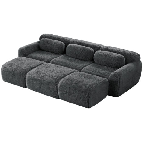Boneless Cloud Sofas, Weicher Flauschplüsch-Stoff, Modulares Schlafsofa mit 3 Ottomans, 3-Sitzer-Sofas, Bequemes Sofa für Wohnzimmer,Grau
