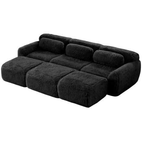 Boneless Cloud Sofas, Weicher Flauschplüsch-Stoff, Modulares Schlafsofa mit 3 Ottomans, 3-Sitzer-Sofas, Bequemes Sofa für Wohnzimmer,Schwarz