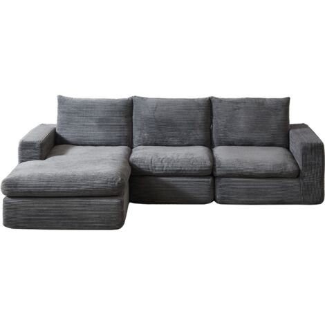 Boneless Couch with Chaise, L-förmiges modernes gepolstertes Sofa aus Cord mit drei Kissen, Cord-Sofa für Wohn- und Schlafzimmer, keine Montage erforderlich