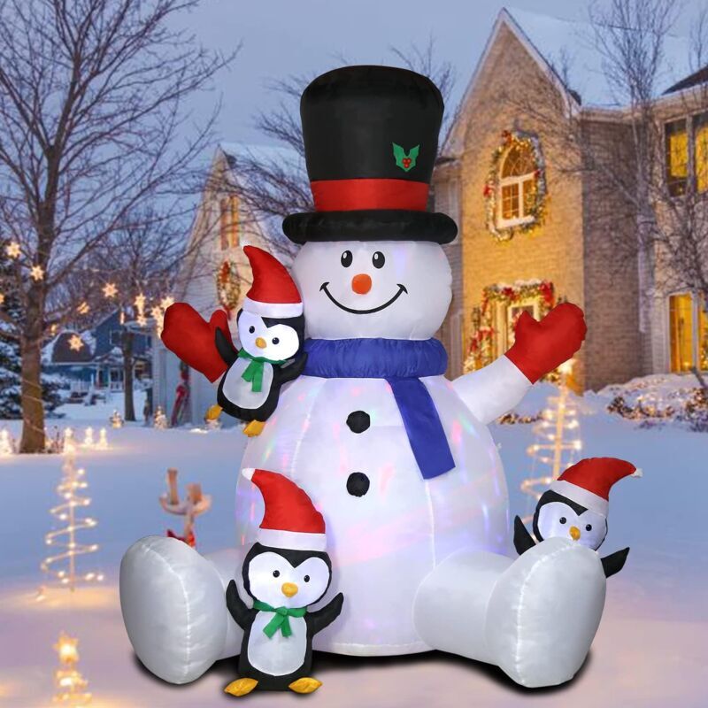 SNQ - Bonhomme de neige gonflable de Noël de 7 pieds avec pingouins gonflables Décoration de jardin extérieure de Noël avec lumières led intégrées