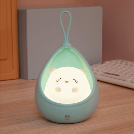 Bonita luz nocturna con forma de gato para niños, lámpara LED de mesita de noche con detector de movimiento, gancho portátil, lámpara de animales recargable por USB para la habitación de los niños, re