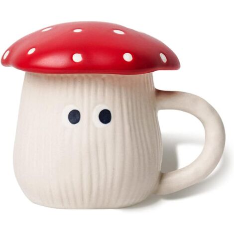 Bonita taza con forma de seta y tapa, esmaltada a mano con ojos decorativos, taza de leche de cerámica mate segura, 300 ml.