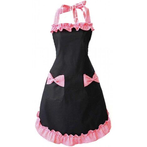Bonito delantal negro con bolsillos para mujer, delantal rojo con lazo para niña, delantal de cocina a cuadros rojos para cocinar, ideal para barbacoas, cafeterías, camareros, bármanes y chefs.