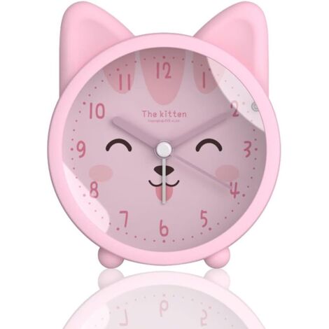 Bonito despertador infantil con forma de animal, sin tictac, conejo/gato/ciervo, despertador de escritorio silencioso con retroiluminación (gato, rosa)
