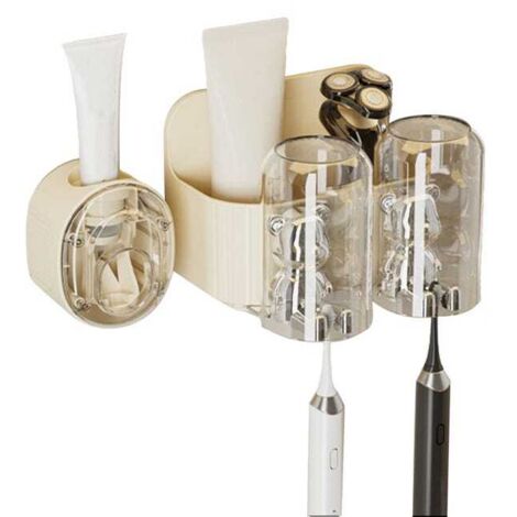 Bonito portacepillos con forma de oso y dispensador automático de pasta de dientes. Portacepillos de pared con 2 vasos.