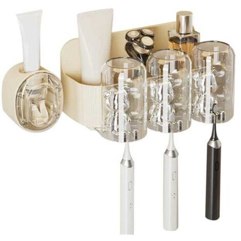 Bonito portacepillos con forma de oso y dispensador automático de pasta de dientes. Portacepillos de pared con 3 vasos.