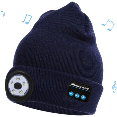 Bonnet Bluetooth avec lampe torche, bonnet lumineux LED, bonnet avec casque et haut-parleurs stéréo et micro intégrés, bonnet lumineux, bleu marine