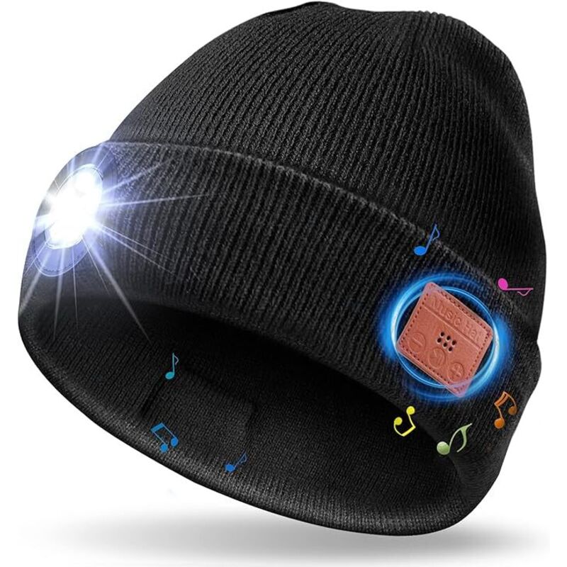 Bonnet Bluetooth avec LED Lampe, Idée Cadeau Homme Bonnet Bluetooth Lampe Frontale Rechargable Cadeau Noël Original Bonnet LED Bluetooth avec