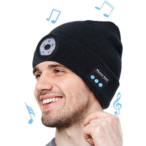 Bonnet Bluetooth, bonnet lumineux LED, bonnet musical, bonnet avec casque et haut-parleurs stéréo intégrés et micro, bonnet éclairé, noir