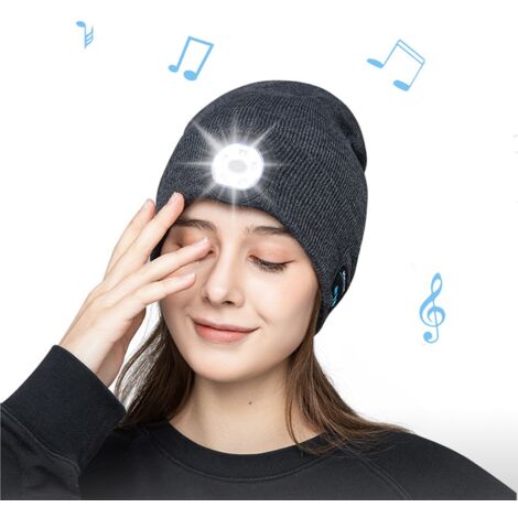 Bonnet Bluetooth, bonnet lumineux LED, bonnet musical, bonnet avec casque et haut-parleurs stéréo intégrés et micro, bonnet lumineux, gris