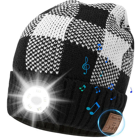 Bonnet Bluetooth, bonnet lumineux LED, bonnet musical, bonnet avec casque et haut-parleurs stéréo intégrés et micro, bonnet lumineux, noir et blanc.