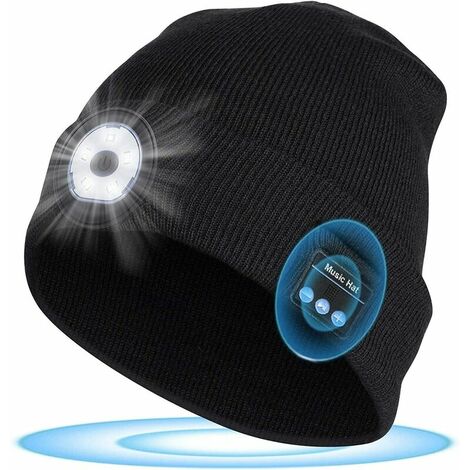 Bonnet Bluetooth lumineux à LED avec microphone stéréo intégré rechargeable USB unisexe pour l'extérieur, le camping, la randonnée, le sport [Classe énergétique A+]