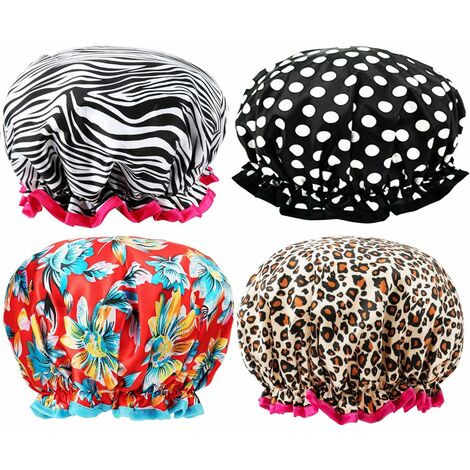 Bonnet de Douche Femme, Bonnet Douche en Satin Double Couche, Charlotte Cheveux Douche Imperméable, Bonnet Douche Enfant Réutilisable, Résistant à la Moisissure, 4 Pieces
