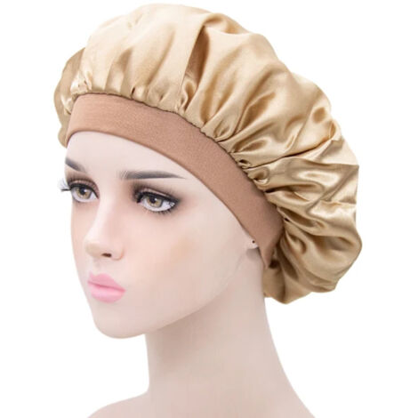 Bonnet de nuit adulte en satin tricoté, imitation soie, bord étroit, unicolore pour femmes---Marron clair
