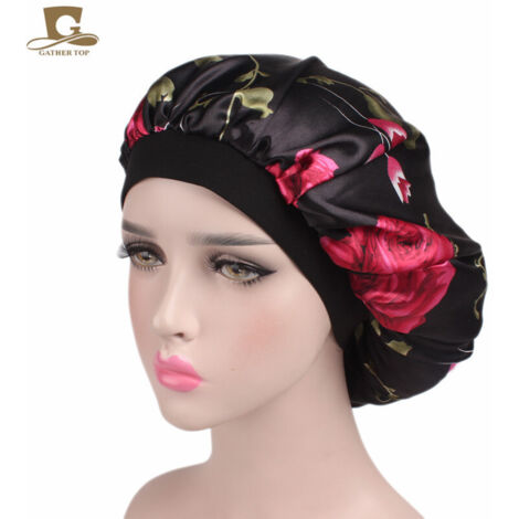 Bonnet de nuit en satin (Fleur noire) avec large élastique pour femme, long