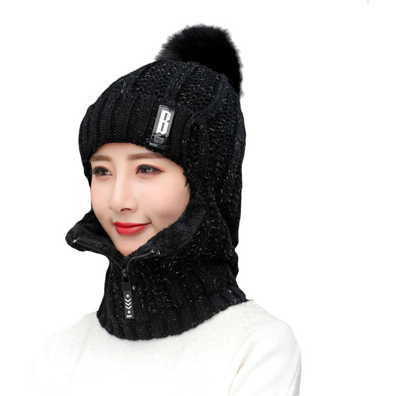 Bonnet d'hiver avec écharpe intégrée - Set bonnet cache-oreilles doublé polaire et écharpe zip, pompon inclus - Pour ski et sports d'hiver - Hommes