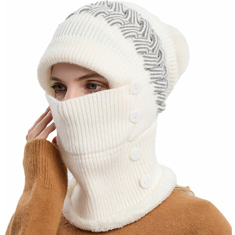 Bonnet d'hiver pour femme bonnet une pièce pour femme écharpe masque chaud bonnet en tricot d'hiver bonnet de ski épais (blanc)