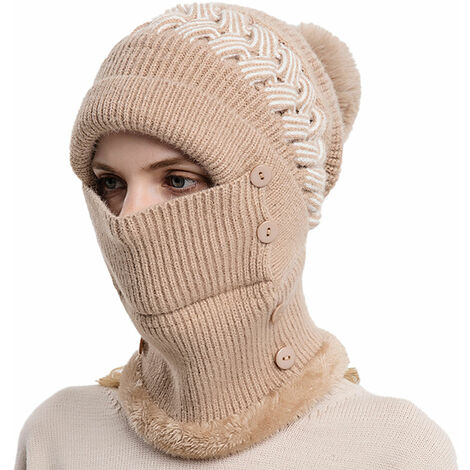 Bonnet d'hiver pour femme bonnet une pièce pour femme écharpe masque chaud bonnet en tricot d'hiver bonnet de ski épais (kaki)
