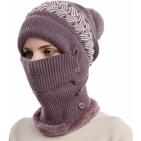 Bonnet d'hiver pour femme bonnet une pièce pour femme écharpe masque chaud bonnet en tricot d'hiver bonnet de ski épais (violet)