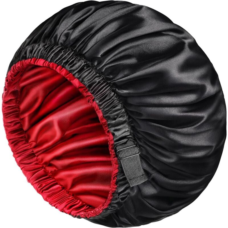 Bonnet en Satin Noir pour Hommes et Femmes, Bonnet de Sommeil en Soie pour Cheveux bouclés Bonnet réversible Double Couche X-Large (Noir + Rouge)