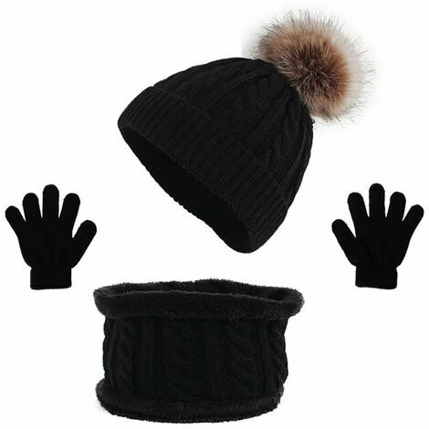 Bonnet enfant, écharpe, gants, combinaison trois pièces, combinaison chaude hiver bébé, noir - noir