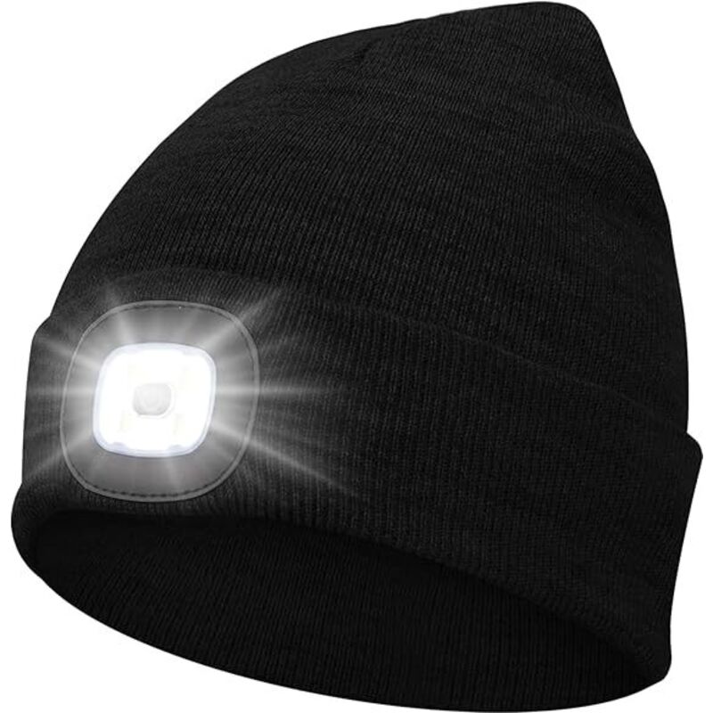 Bonnet Lampe avec Frontale LED Tricoté Chapeau avec Phares Lumineux Hommes et Femmes Trois en Tricot d'hiver léger Rechargeables par USB