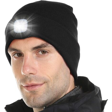Bonnet LED avec lumière, capuchon lumineux rechargeable USB 4 LED, chapeau tricoté unisexe chaud pour l'hiver.