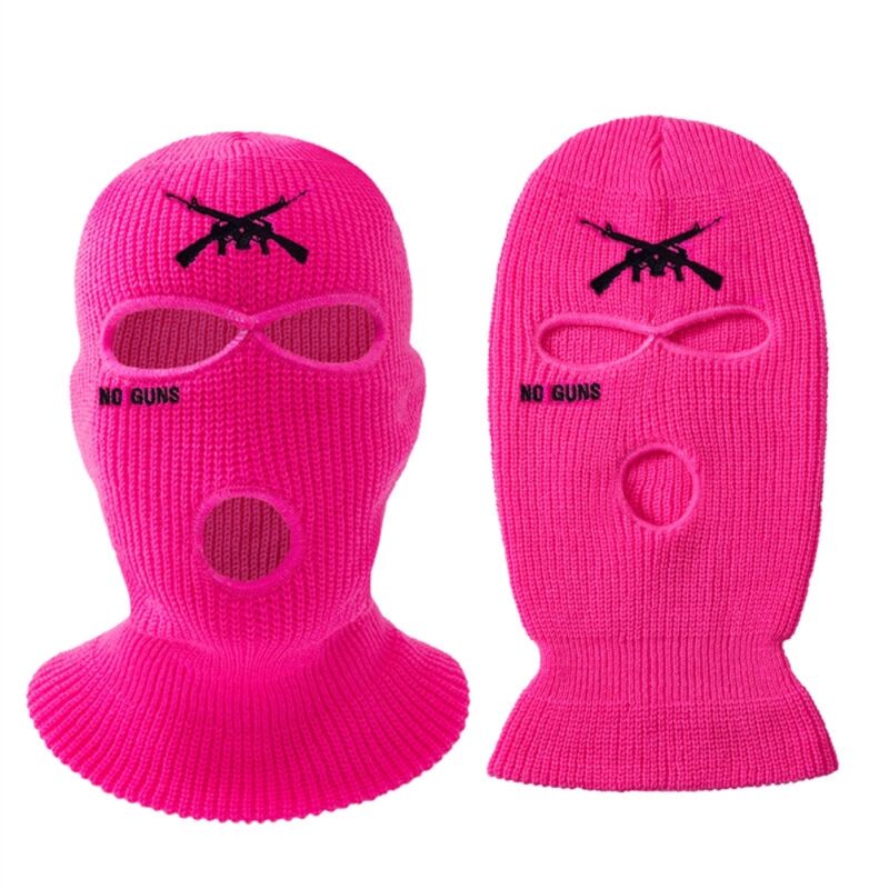 Bonnet tricoté 3 trous avec broderie lettre, cache-visage chaud pour ski, cyclisme, running, rose rouge