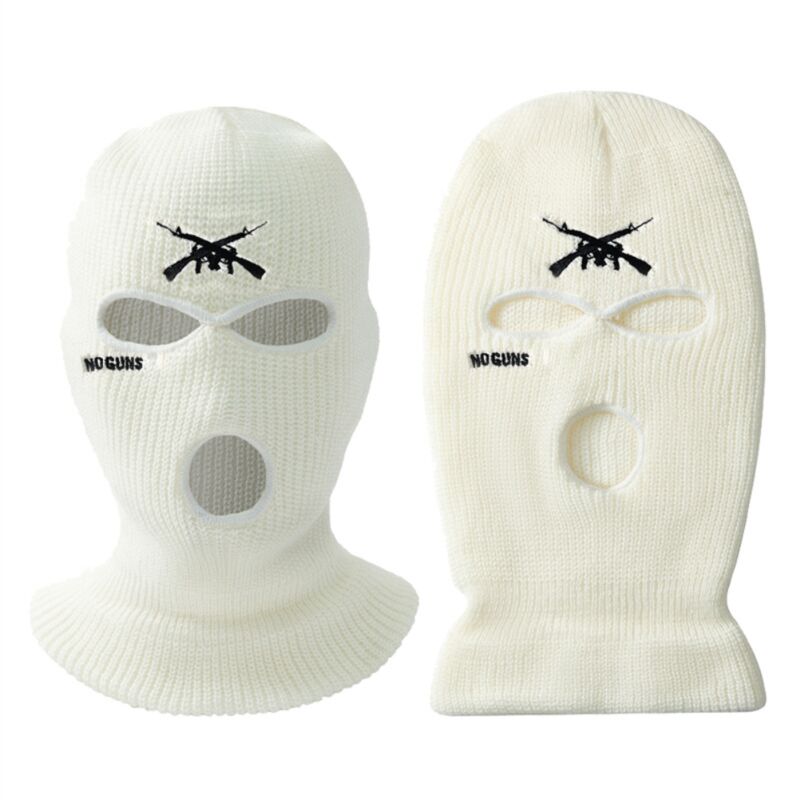 Bonnet tricoté 3 trous avec lettre brodée, cache-visage chaud pour ski, cyclisme, course en extérieur, blanc