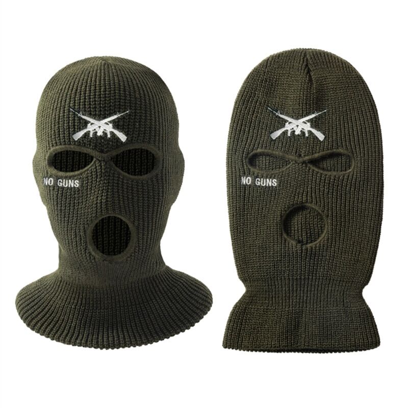 Bonnet tricoté 3 trous avec lettre brodée, cache-visage chaud pour ski, cyclisme et course en plein air, vert foncé