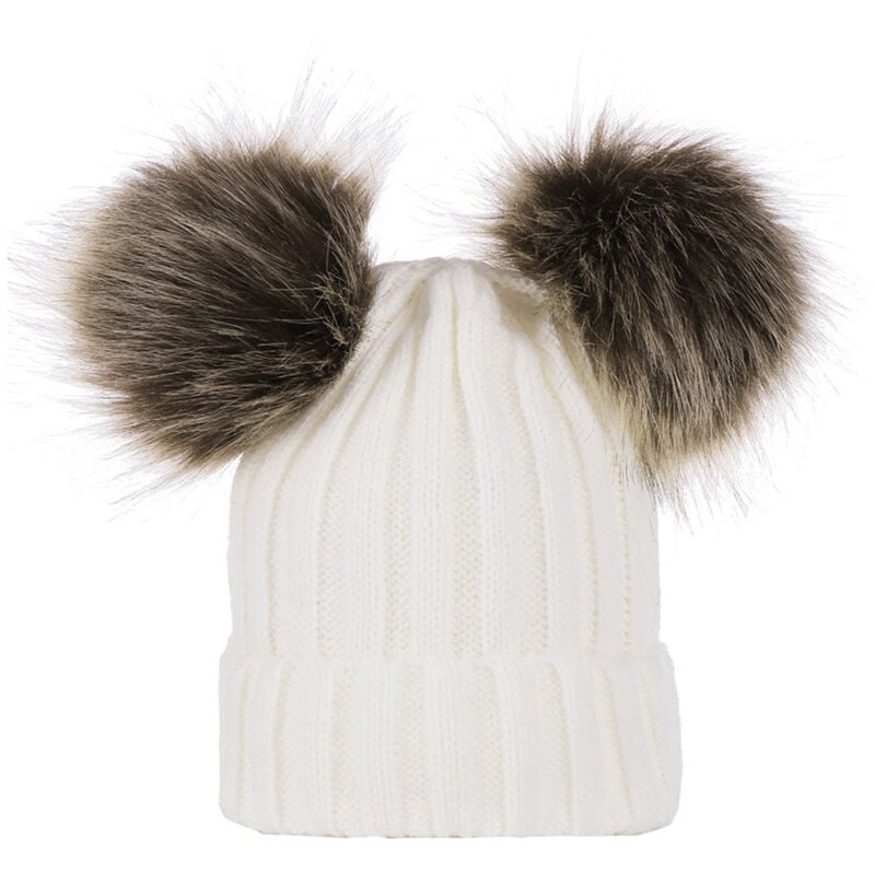 Bonnet Tricote Chaud D'Hiver, Bonnet Tricote En Laine Au Crochet, Bonnet Boule En Laine Double, Blanc, Taille Enfant, 240 * 140 Mm