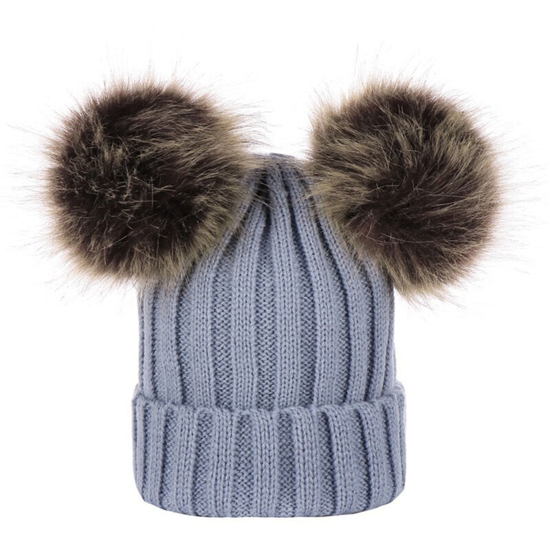 Bonnet Tricote Chaud D'Hiver, Bonnet Tricote En Laine Au Crochet, Bonnet Boule En Laine Double, Gris, Taille Enfant, 240 * 140 Mm