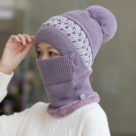 Bonnet une pièce pour femme en plein air cyclisme creux tricoté en peluche laine bonnet protection des oreilles hiver résistant au froid (violet)