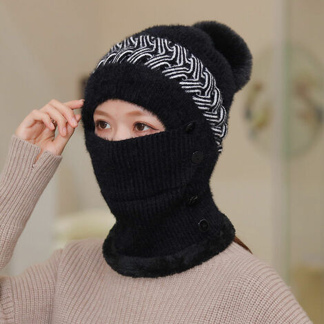 Bonnet une pièce pour femme tricoté creux en laine en peluche chapeau une pièce en plein air cyclisme résistant au froid protection des oreilles hiver (noir)
